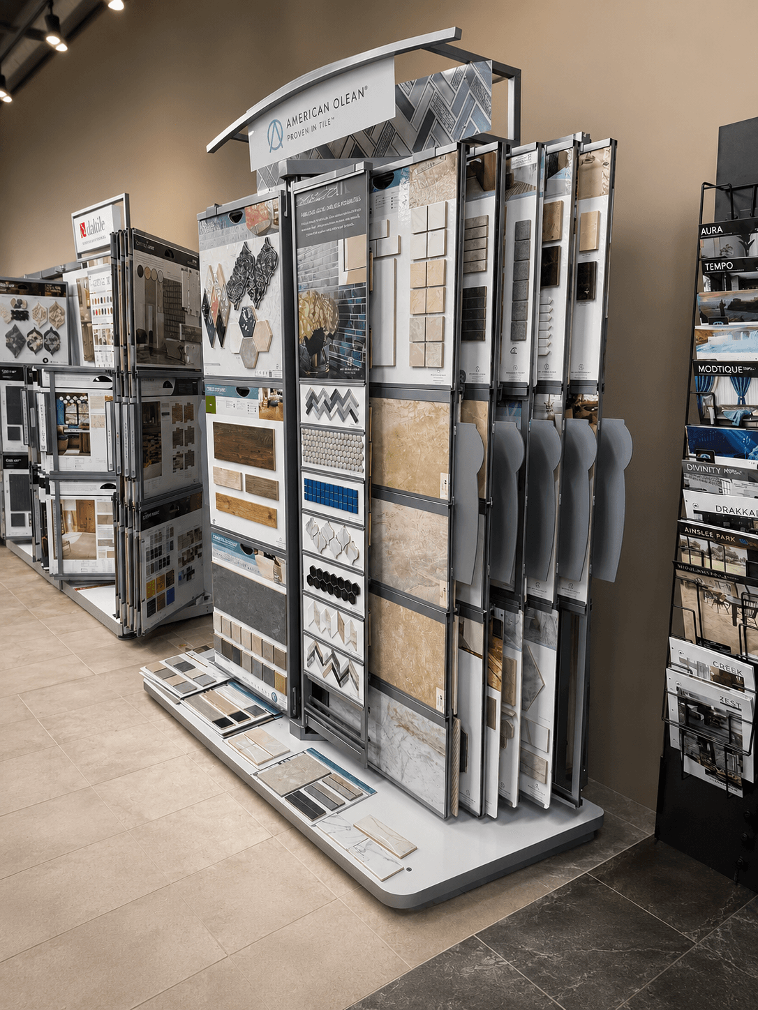 Jaynes Flooring showroom display with commercial flooring samples