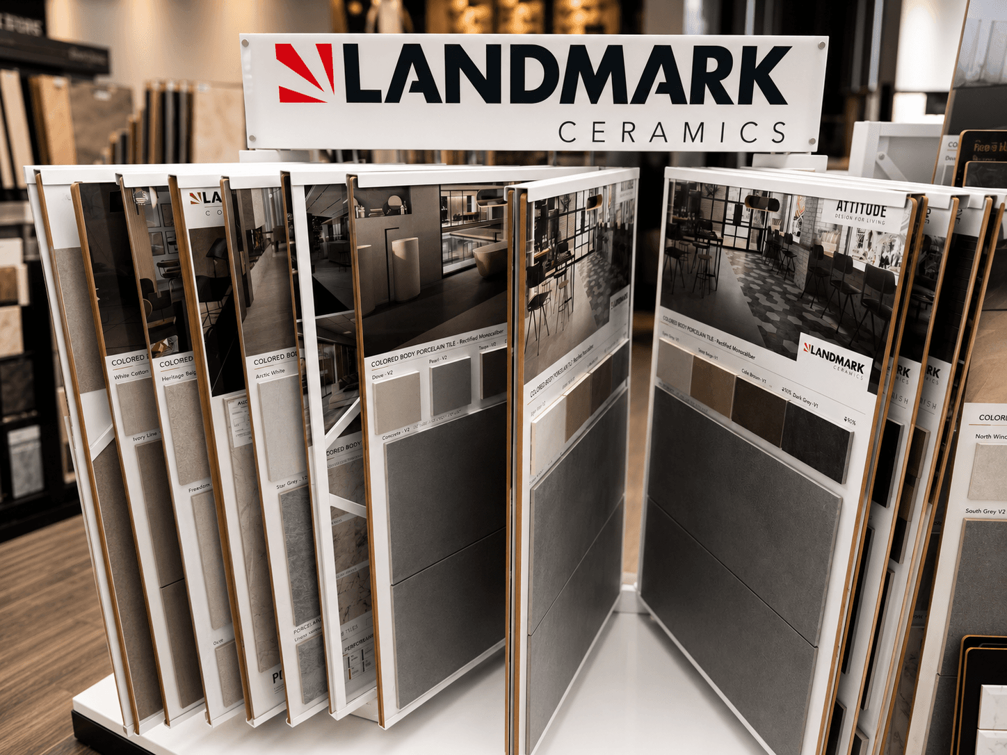 Tile sample displays in the Jaynes Flooring showroom
