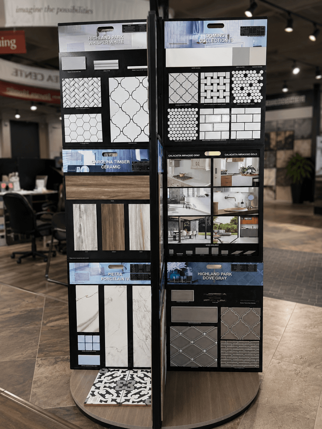 Flooring and tile display board with room finish samples