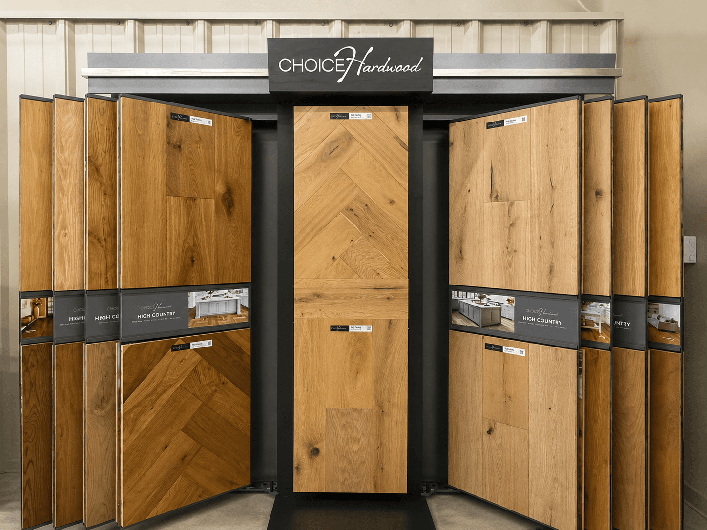 Hardwood flooring sample display with residential finish options