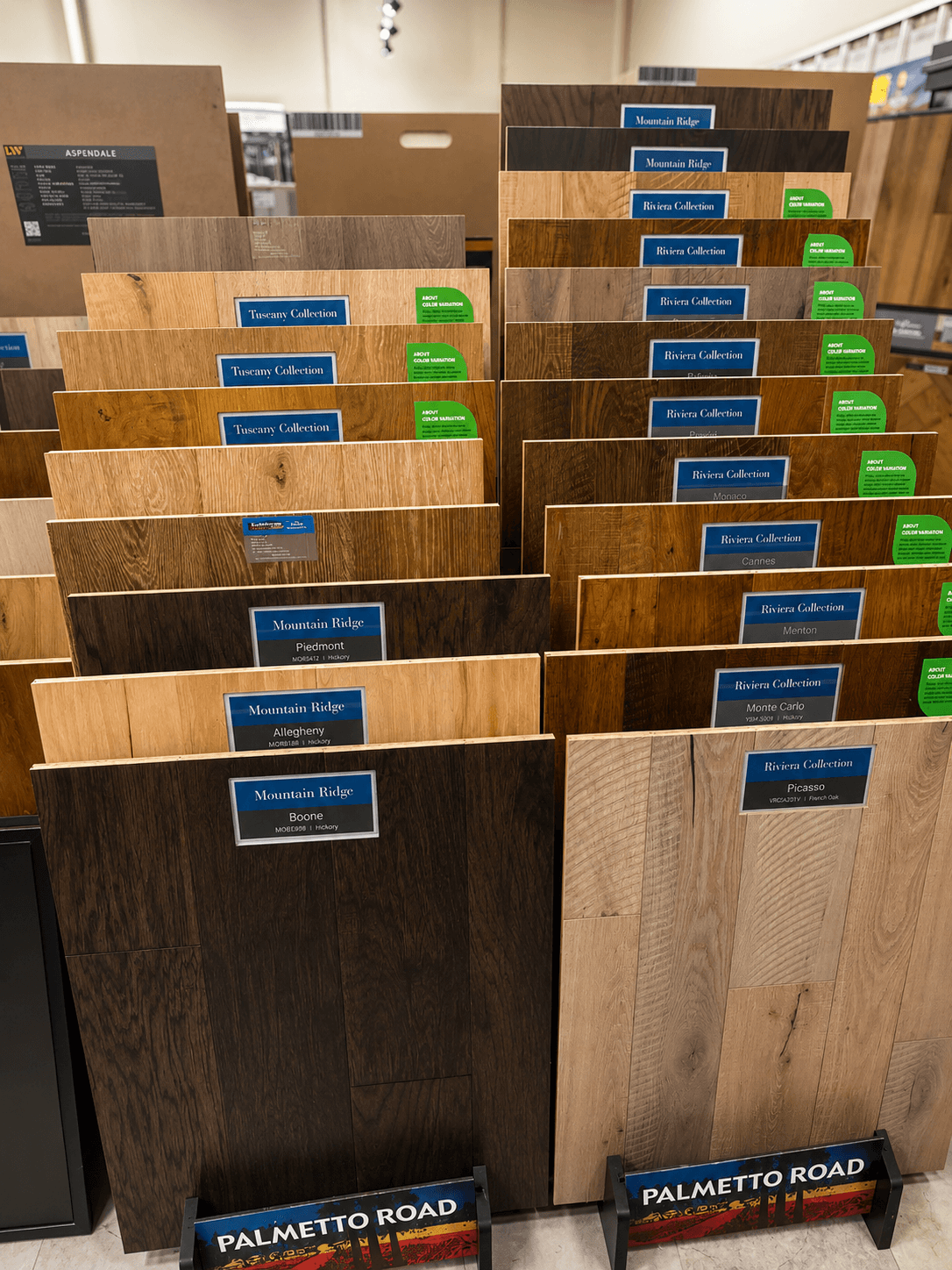 Wood-look flooring finish samples in the Jaynes Flooring showroom