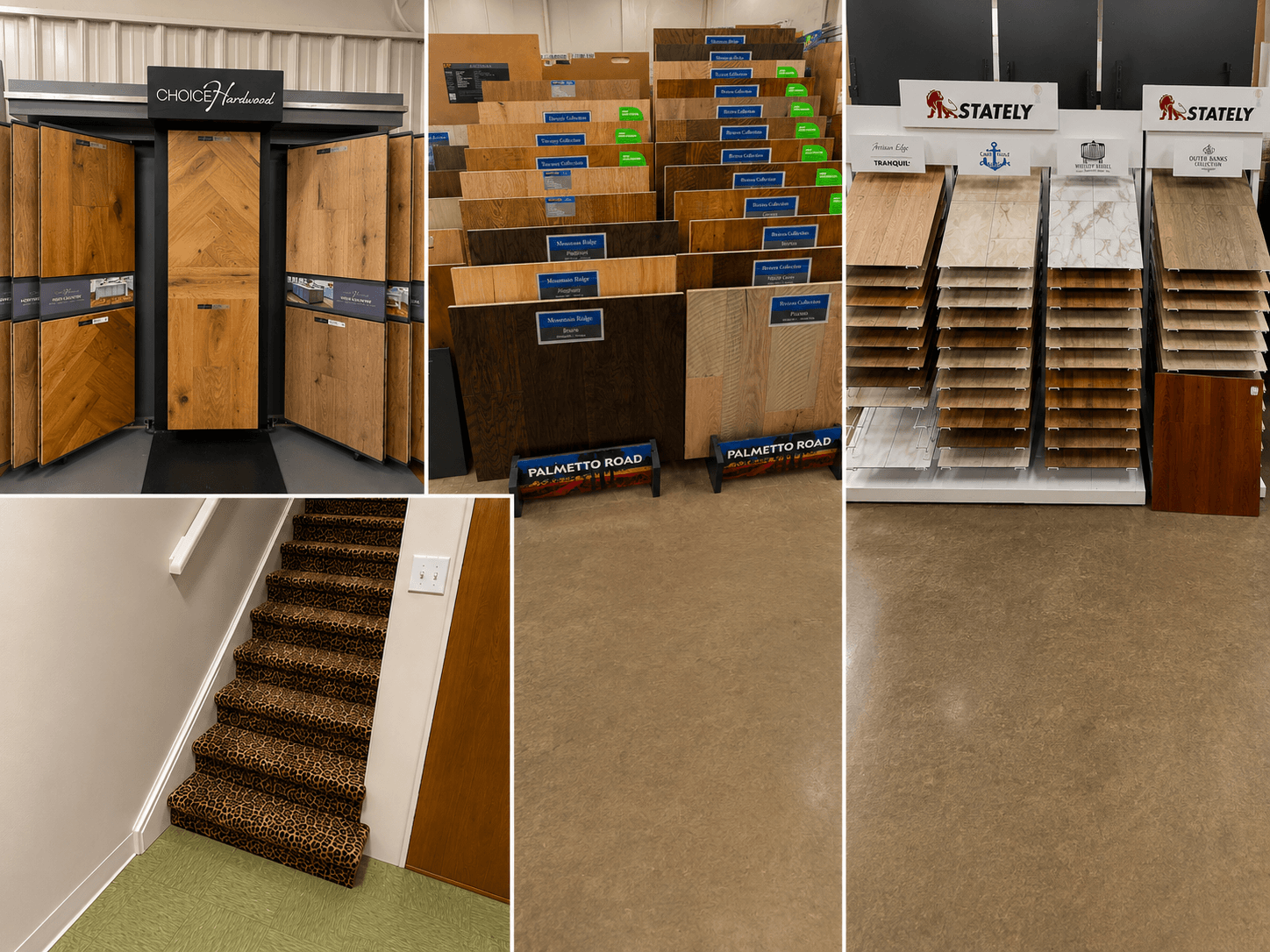 Showroom display area with carpet and hardwood samples